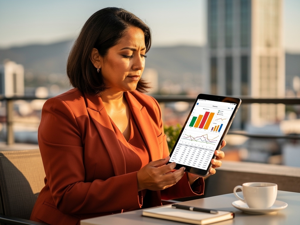 Empresaria revisando análisis de datos en tablet en terraza de oficina