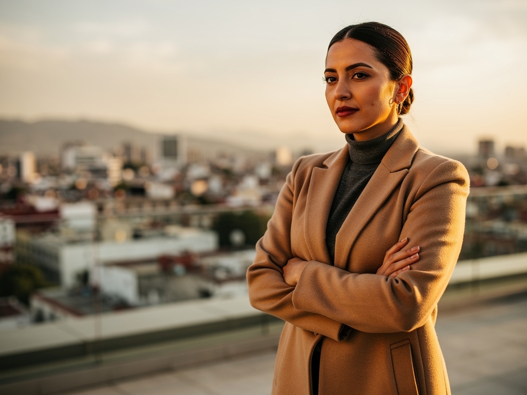 Fundadora de Nasana en terraza de oficina con vista urbana de Guadalajara