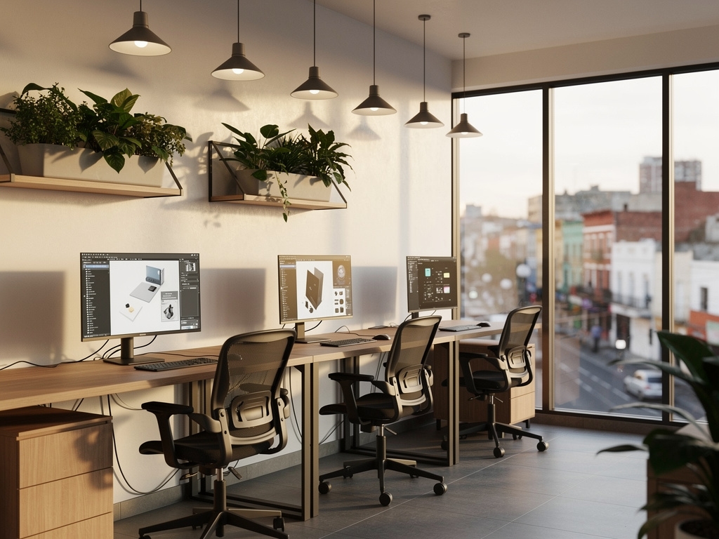 Interior del espacio de trabajo de Nasana con escritorios y pantallas