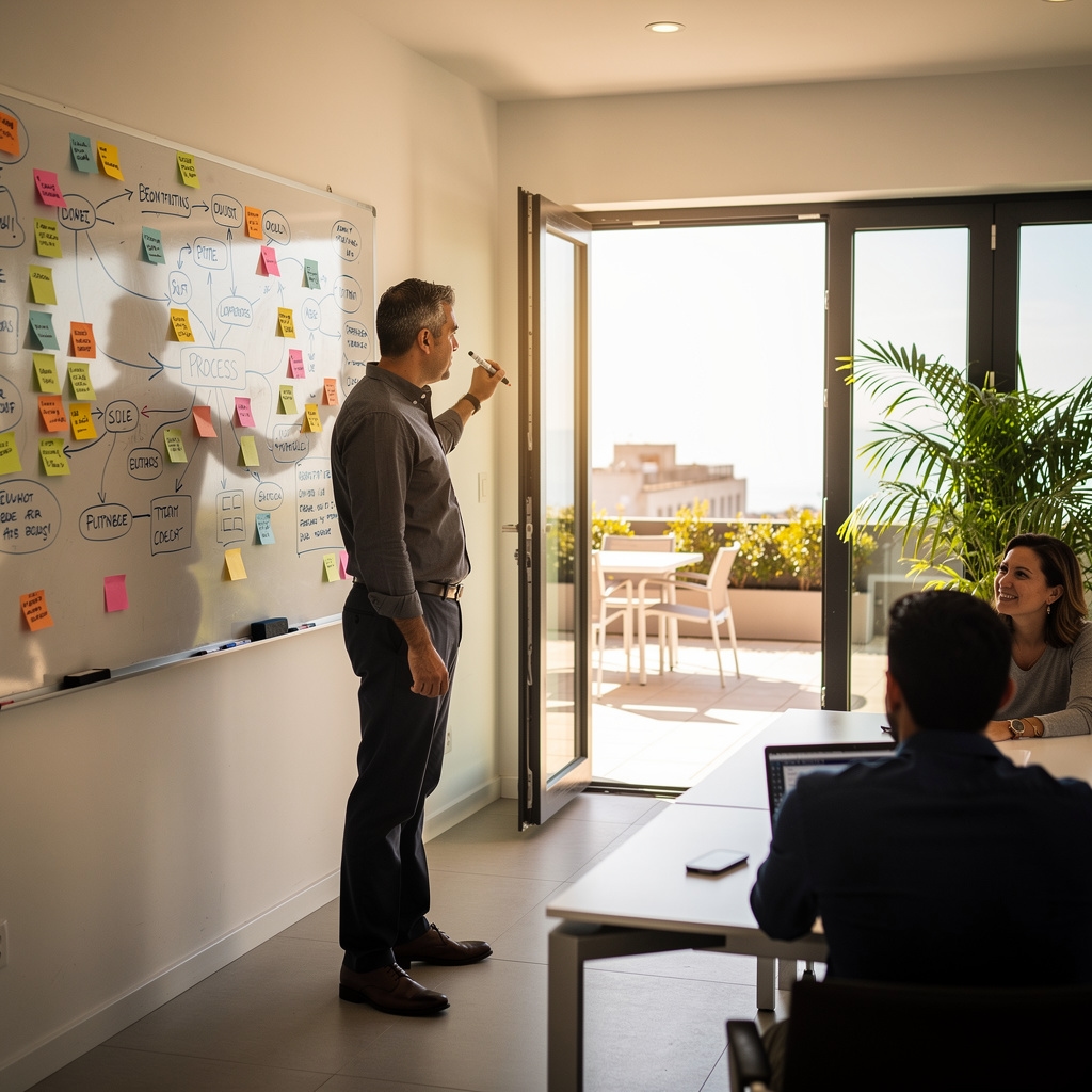 Sesión de planeación estratégica con mapa de procesos en pared de oficina