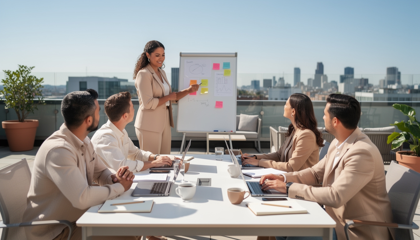 Equipo pequeño colaborando con herramientas digitales en mesa de trabajo
